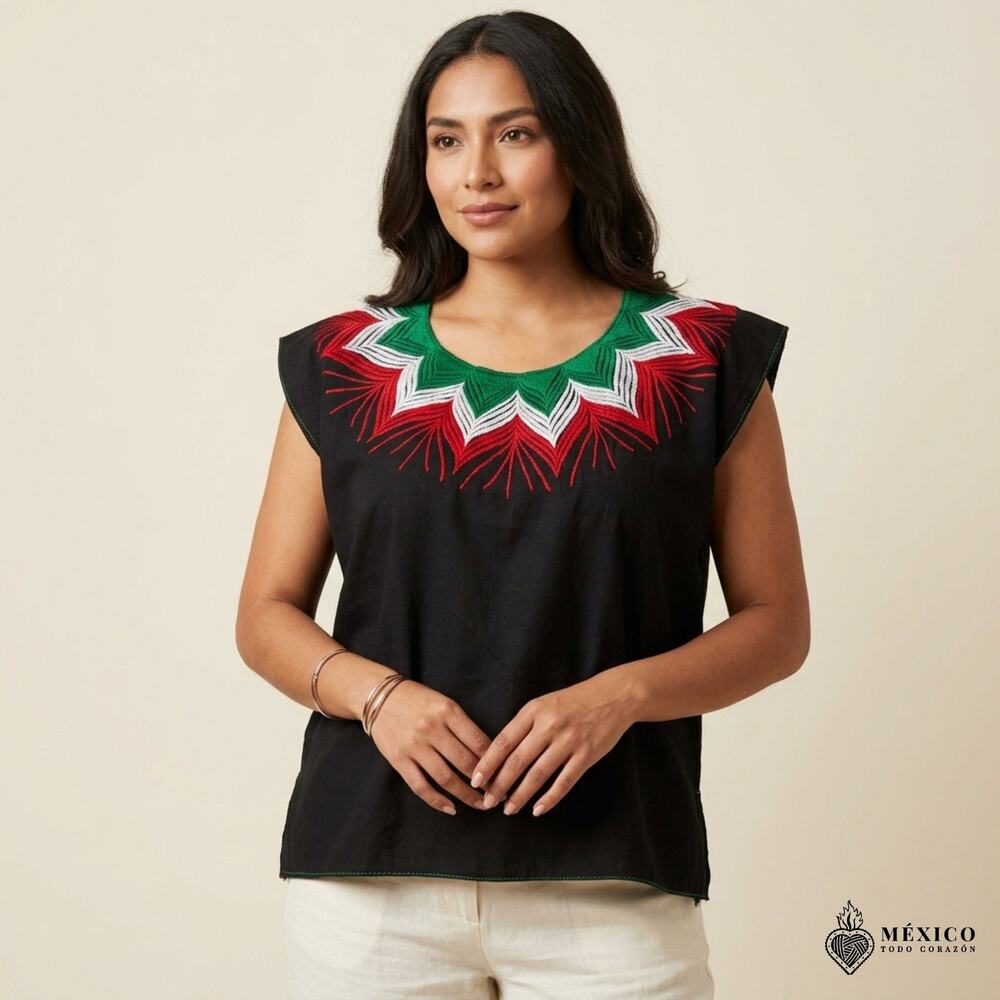 Traditional Mexican Huipil Blouse – Handmade Embroidered Manta Top  21X23 IN